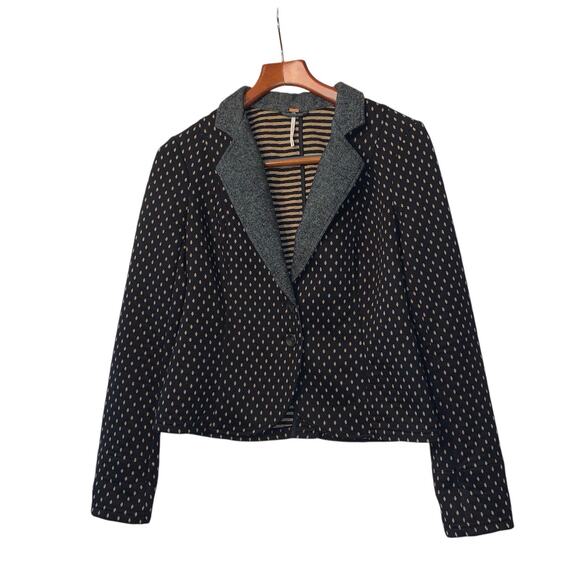 Free People women fitted black tan combo diamond tweed blazer classic jacket M - Picture 2 of 7